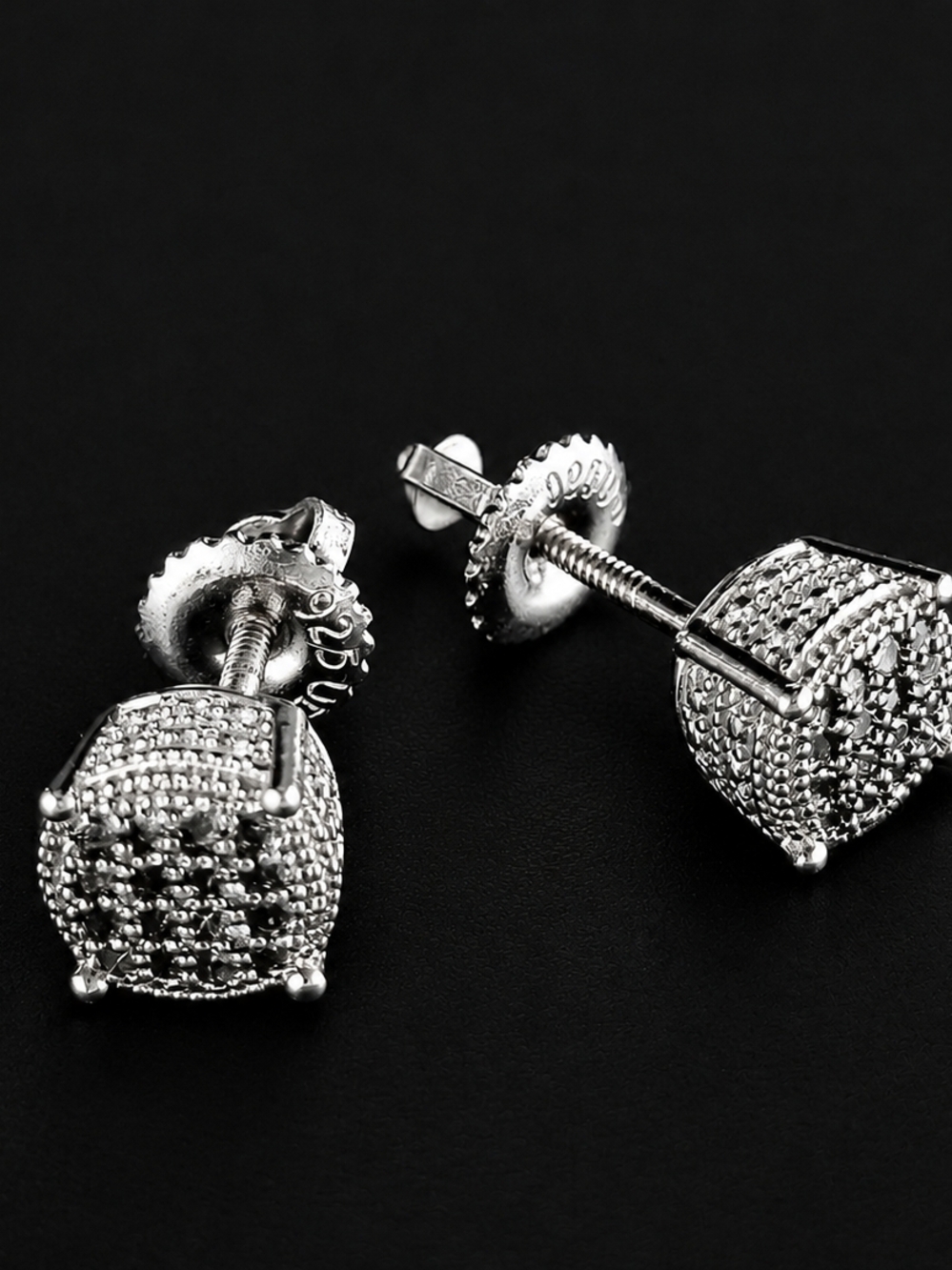 Black Diamond Stud Earrings Solid Sterling Silver Black Rhodium Unisex Design